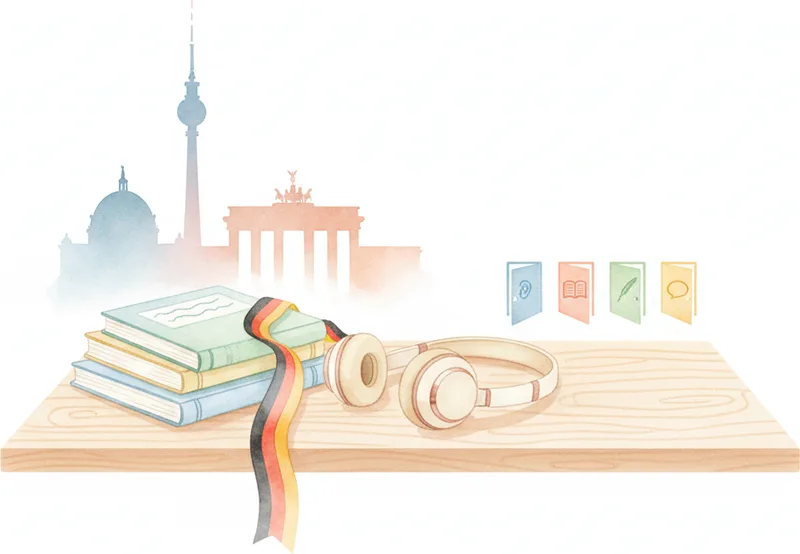 Adult learner preparing for DTZ B1 German exam with headphones and notes — citizenship preparation Adult learner preparing for DTZ B1 German exam with headphones and notes — citizenship preparation