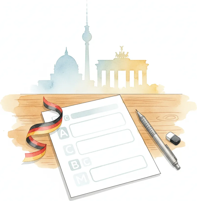 Adult learner practising blurred gap-fill and letter-style worksheets — DTZ Sprachbausteine and Schreiben prep Adult learner practising blurred gap-fill and letter-style worksheets — DTZ Sprachbausteine and Schreiben prep