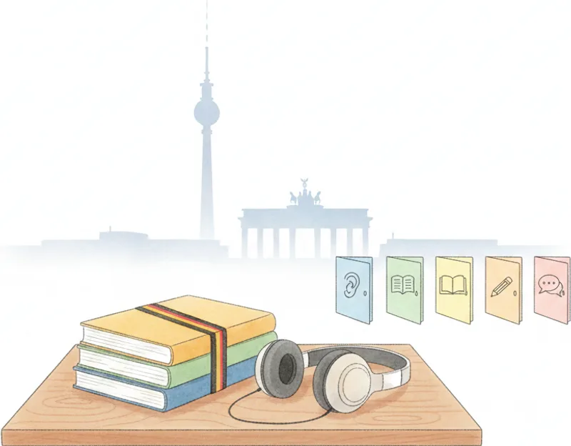 Woman studying German at a café in front of the Brandenburg Gate — DTZ B1 preparation Woman studying German at a café in front of the Brandenburg Gate — DTZ B1 preparation